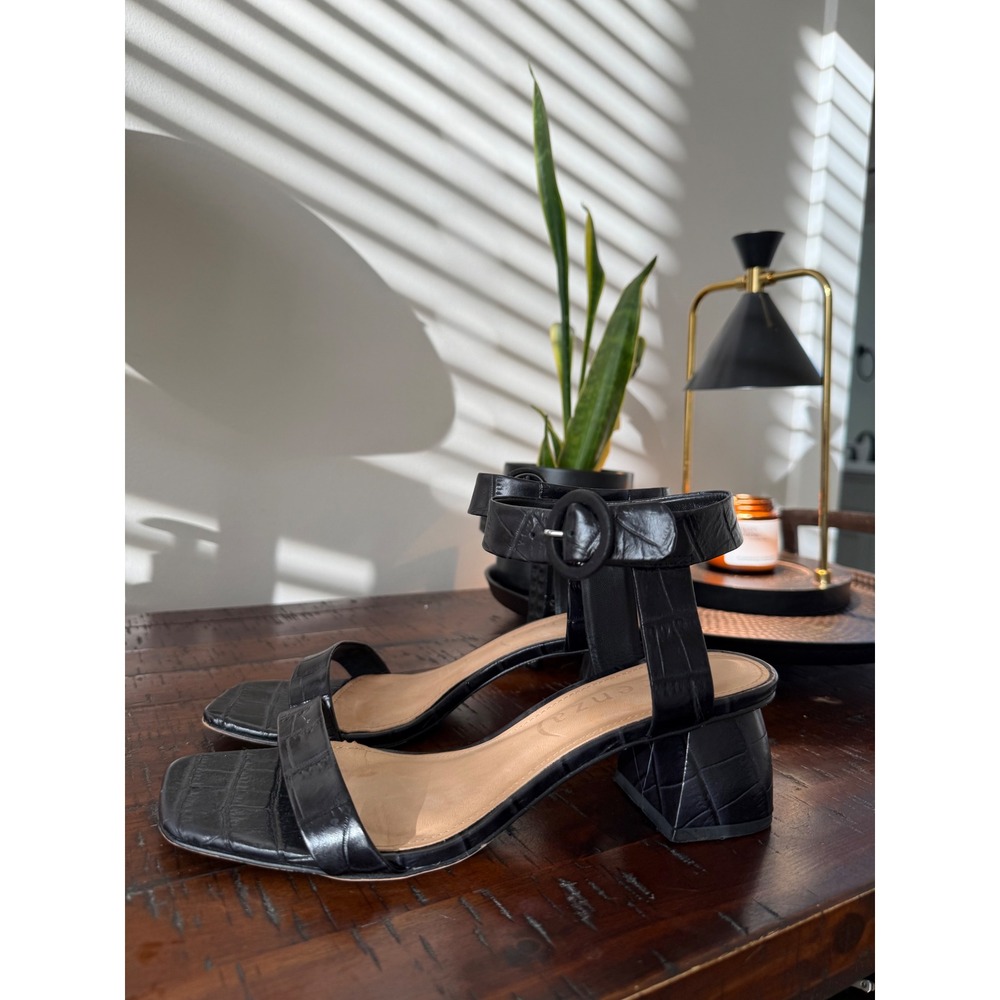 Anthropology Vicenza Black Crocodile Embossed Ankle Strap Block Heeled Sandals 9
